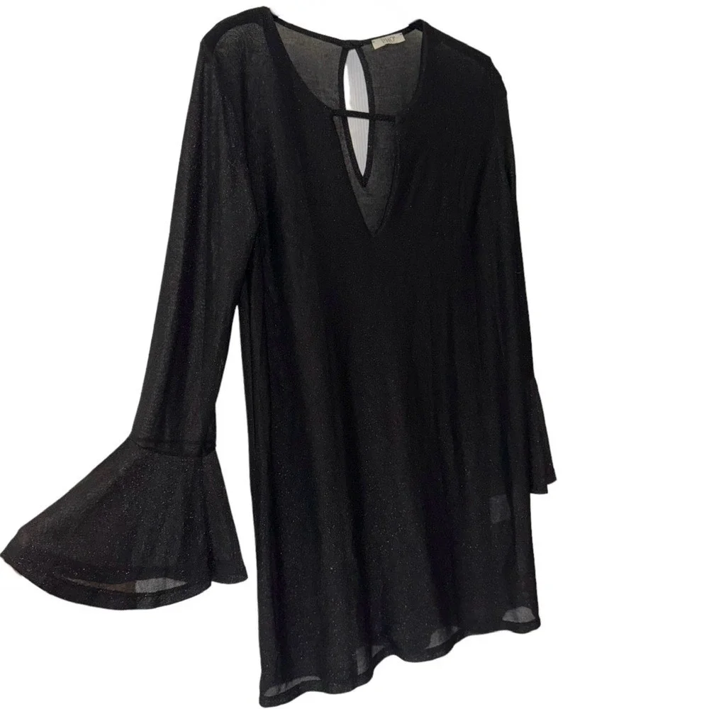 PHO Long Bell Sleeves Sheer Peep Hole Back‎ Midi Swimsuit Cover-Up Dress